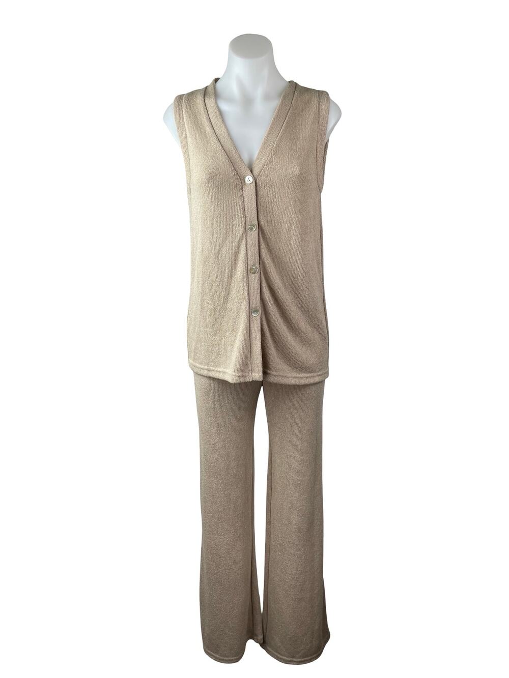 MNG Mango Beige Knit Sleeveless Button Up V Neck Wide Leg Pants 2 Pc Set Size S
